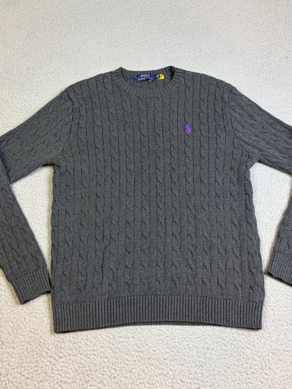 Polo Ralph Lauren Sweater Mens Size Medium Gray Cable Knit Cotton Long Sleeve